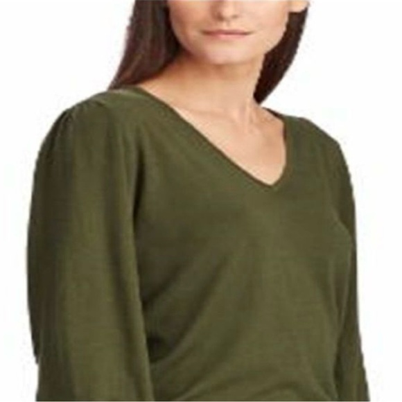 Lauren Ralph Lauren Olive Green V-Neck Sweater, Gold Button Cuff Detail Size SP - Picture 3 of 13
